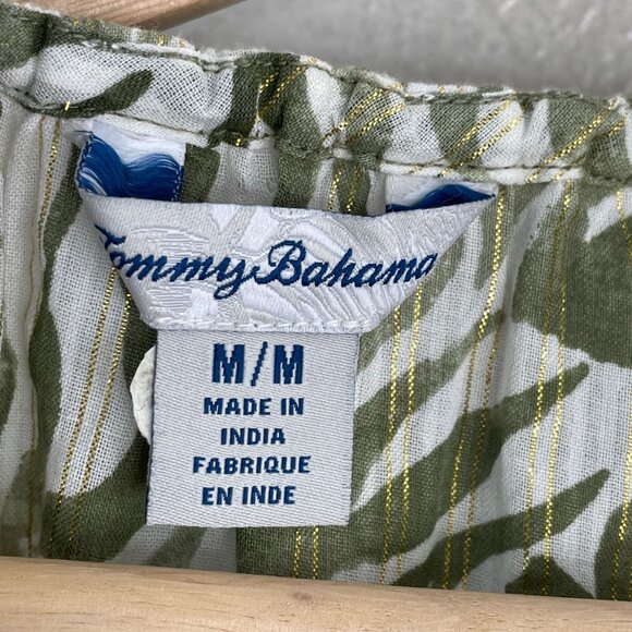 Tommy Bahama Womens Medium Green White Metallic Tropical Cotton Peasant Blouse - Picture 4 of 11